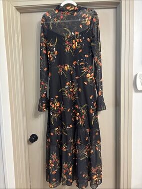 Floral Mesh Long Sleeve Maxi Dress - Black with Orange Floral
